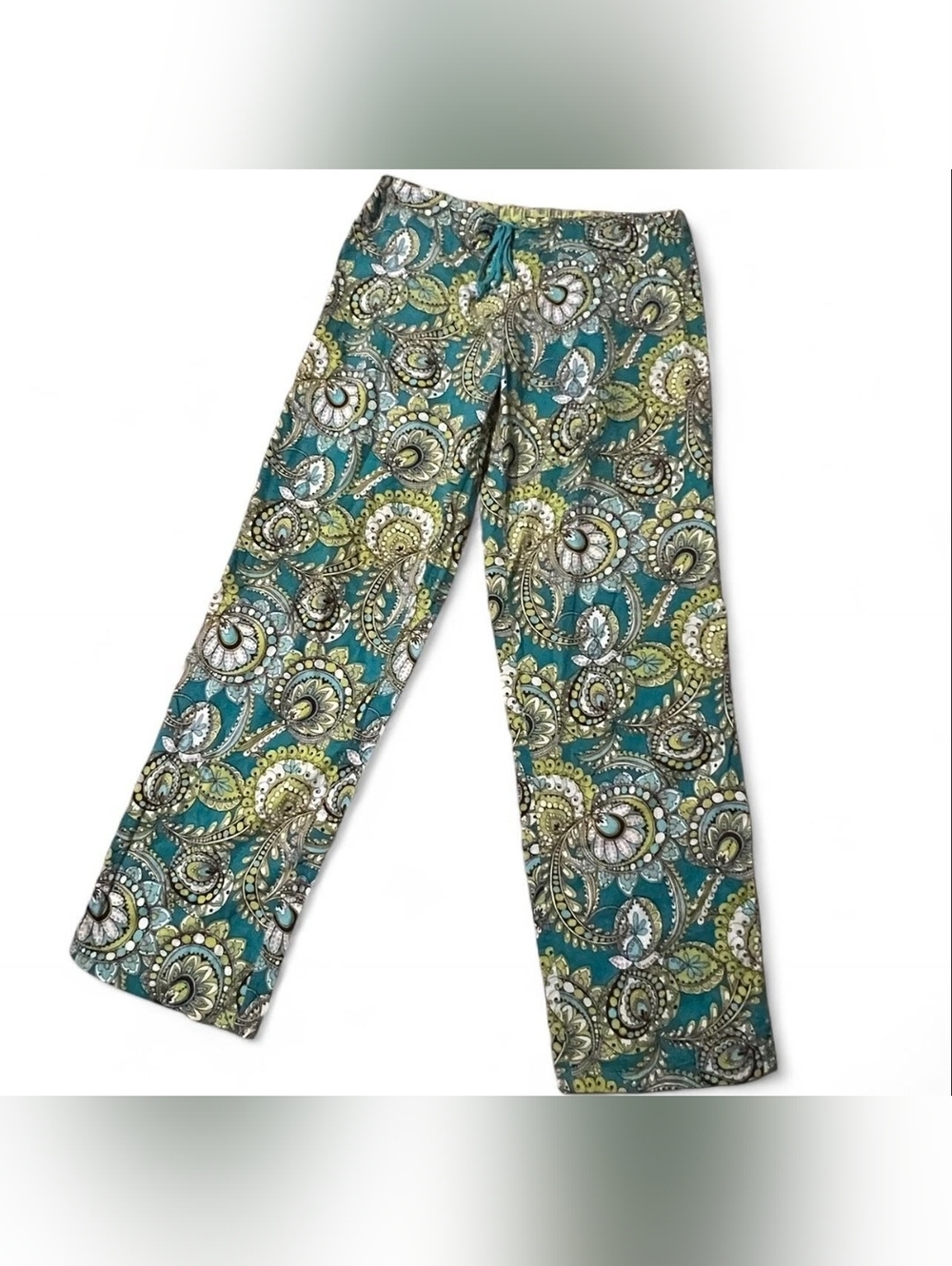 Vera Bradley Teal Paisley Print Boho Flowy Wide Leg Lounge Pants Small EUC